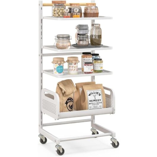 4 Tier Utility Rolling Cart Metal Storage Cart with Adjustable Shelves & Rubber Wood Handle