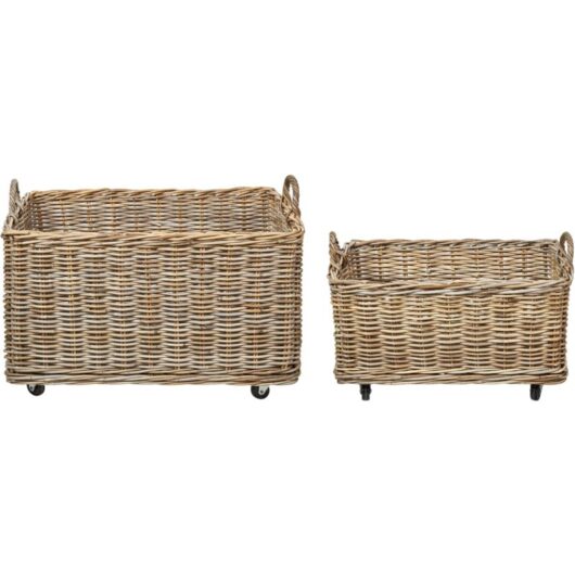 Beliani - Set of 2 Rattan Baskets Wooden Frame Plastic Rubber Wheels Handles Handmade Boho Style Natural Kitim