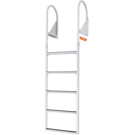 Dock Ladder, Flip-Up 5 Steps, 350 lbs Load Capacity, Aluminum Alloy Pontoon Boat Ladder with 2'' Wide Step & Nonslip Rubber Mat, Easy to Install for