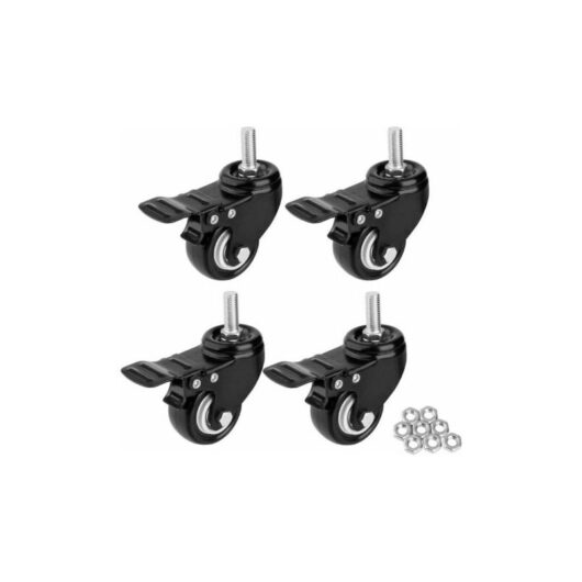 Inch Swivel Casters with Brake, Heavy Duty Rubber Casters for Hand Cart, Work Tables, Furniture Wheels (M10 x 25), 4, Black Pack.