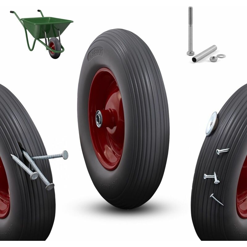 Pu solid rubber spare wheel 390mm spare tyre for wheelbarrow wheels sack barrow black-red - Arebos