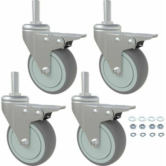 Casters, 3 Inch Rubber Casters, Set of 4, M12x 1-3/16 Threaded Stem Mount Industrial Casters, 800 lb Heavy Duty Double Locking Swivel Wheel,