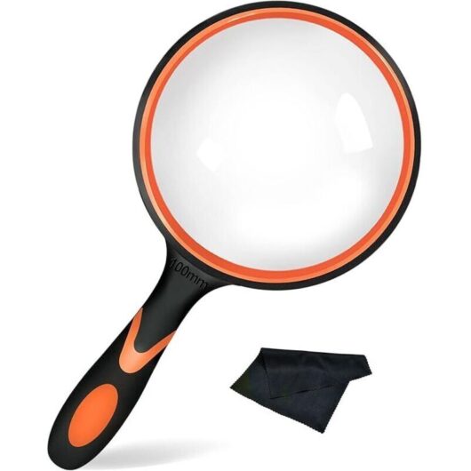 10X 100mm Magnifier for Books, Newspapers, Insect Observation, Scientific Experiments - Non-slip Rubber Handle - (Black/Orange)