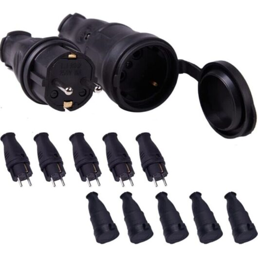 5-Piece Kit: Male Plug + Female Socket, 250V 16A 4000W, Rubber Electrical Plug, IP44 Waterproof Power Plug - For 0.5 to 3 cm² Cable