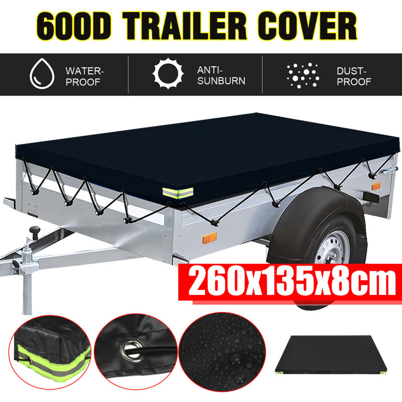 260x135cm 600D Trailer Cover Heavy Duty Waterproof Dust Protector w/ Rubber Belt