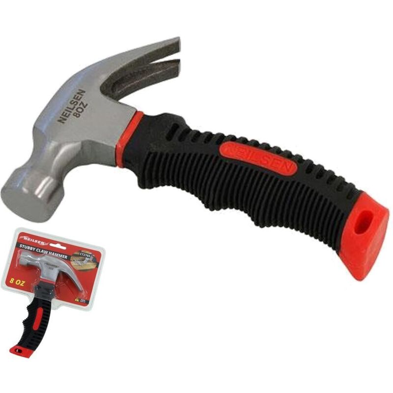 Neilsen 8oz Stubby Short Handle Claw Nail Hammer Soft Rubber Grip Tool