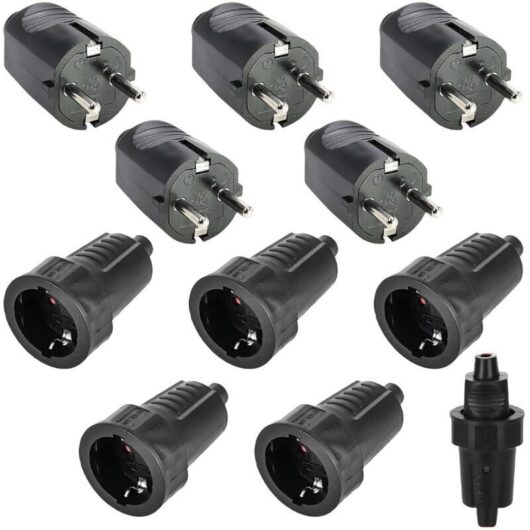Pack of 5 pairs of Schuko plugs: 250 V 16 A IP54 - Rubber - With protective contact - 2 pins - Waterproof exterior - Black - Schuko plug and rubber