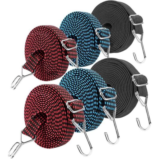 Set of 6 elastic straps with hook - Width: 2 m - Rubber fastening strap - Packing and securing loads for bike racks, motorcycles, luggage