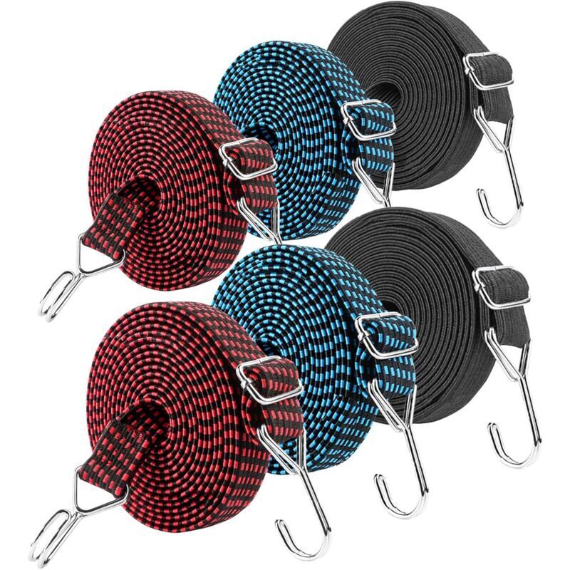 Set of 6 elastic straps with hook - Width: 2 m - Rubber fastening strap - Packing and securing loads for bike racks, motorcycles, luggage