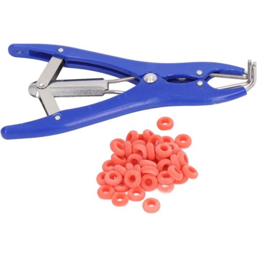Toolive - Castration pliers with 100 red castration rubber rings. Tail docking pliers